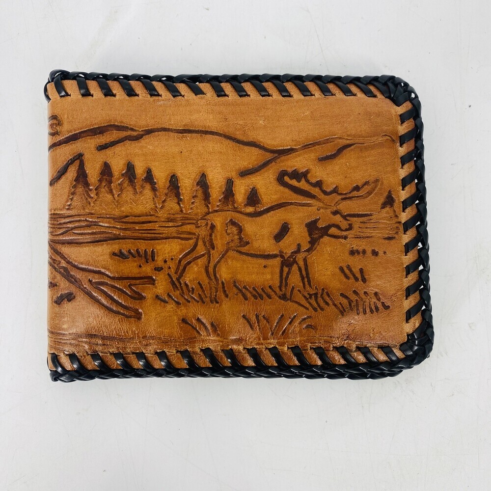 Handmade Vintage Tooled Leather Moose Wallet Mountains & Trees Forrest Brown